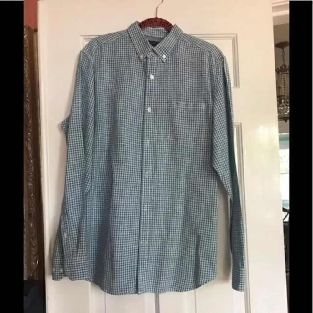 Banana Republic Slim Fit Blue & Green Plaid Linen Shirt Size Large